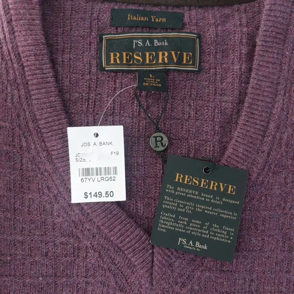 JoS. A. Bank Men's Wool Sweater L Burgundy Pullover V Neck Classic Menswear NEW - Picture 5 of 8